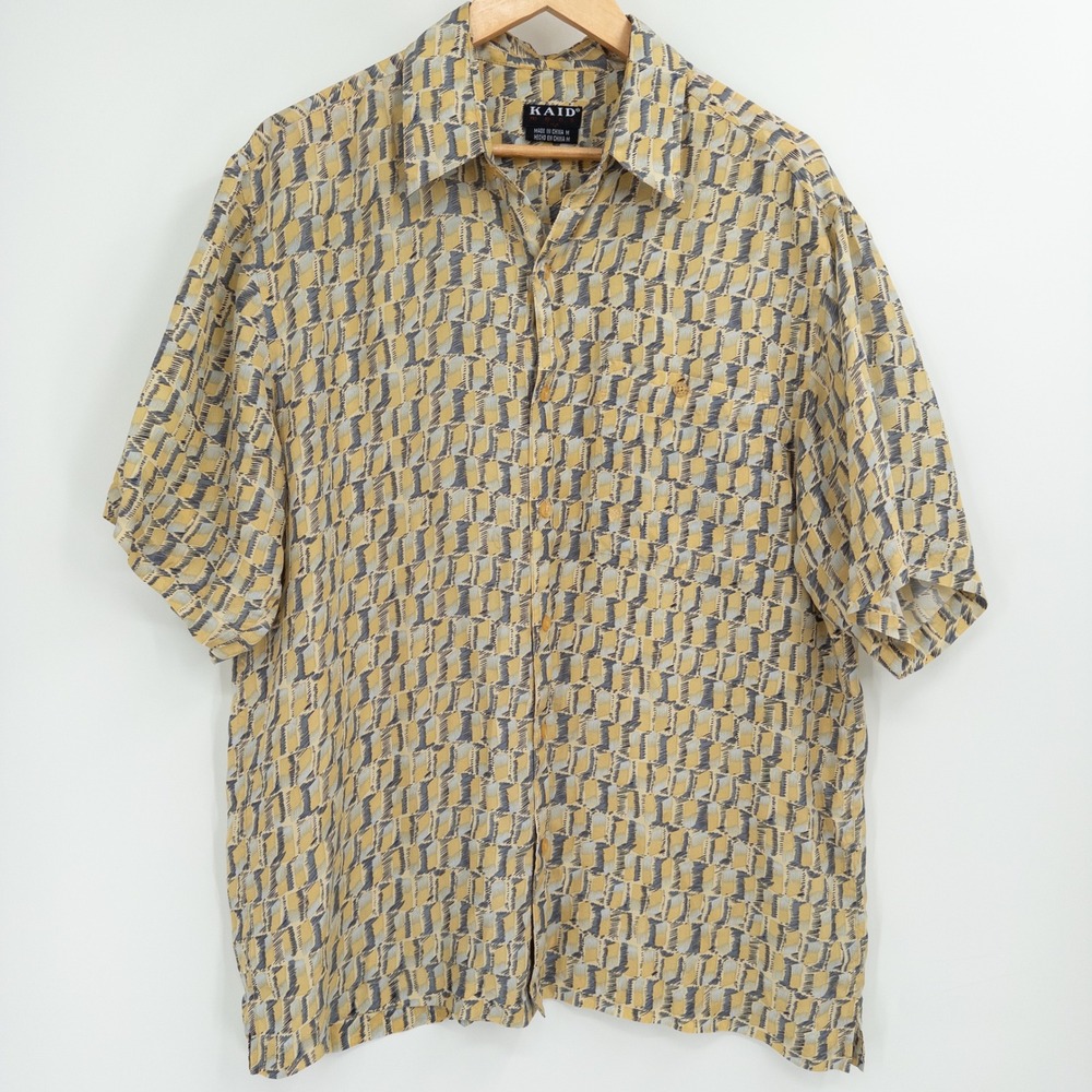 Vintage Y2K Kaid Silk Button Down Shirt Mens Medium 90s Baggy Relaxed Dadcore